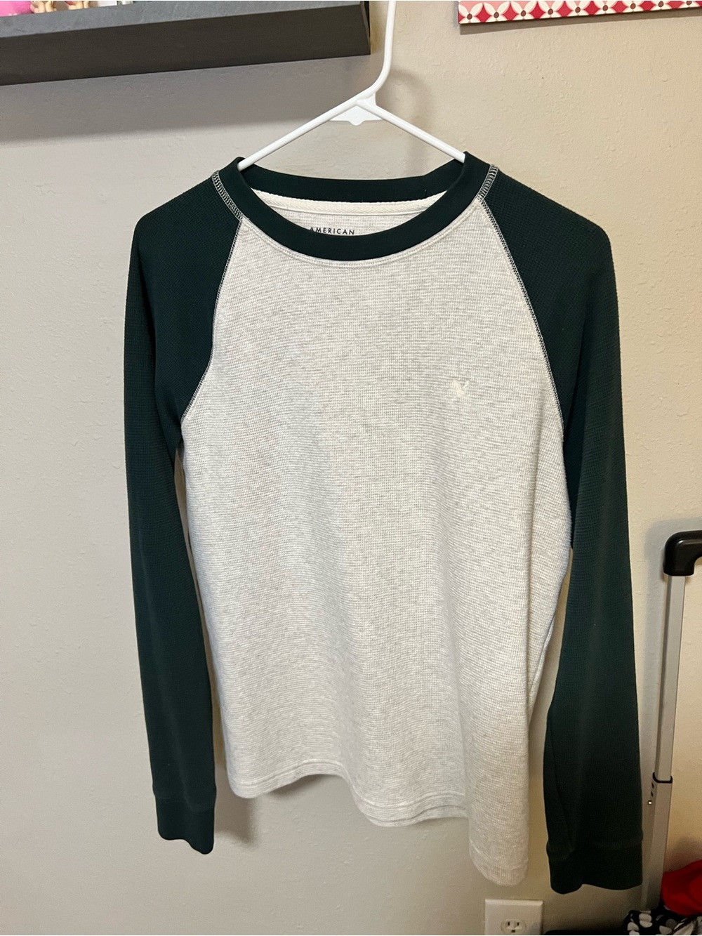 American Eagle Outfitters Cream Waffle Knit Long Sleeve with Dark Green Trim